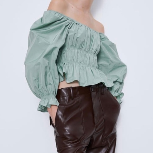 Zara Tops - Zara Sea Green Puff Sleeve Off Shoulder Top